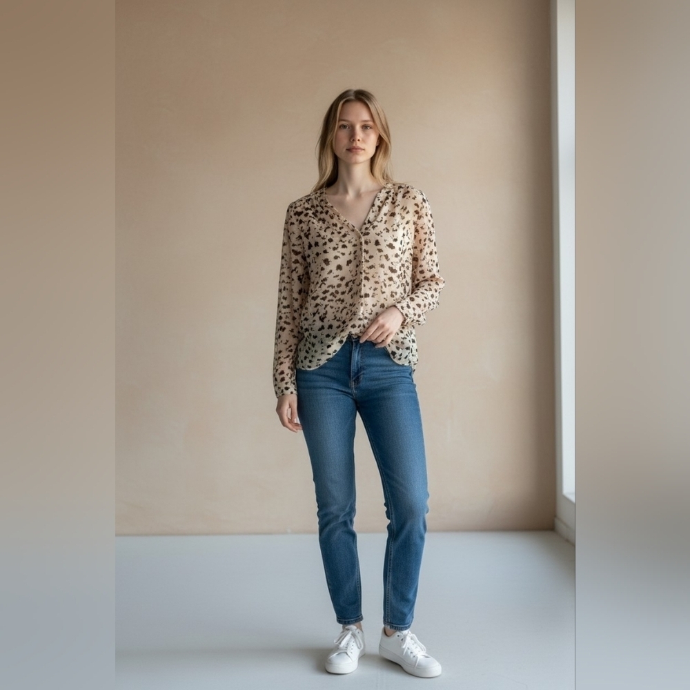 DREW Made in USA Leopard Print Blouse Size S Sheer Minimalist Top